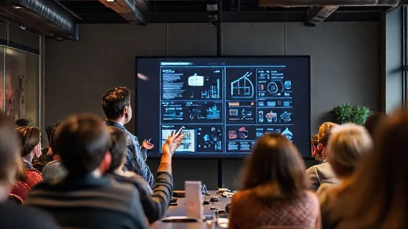 A photorealistic image of a digital nomad presenting a complex project on a large screen in a co-working space, surrounded by a diverse, engaged audience. The screen displays a detailed infographic with charts and diagrams. Cinematic lighting, sharp focus on the presenter and the project, depth of field blurring the background, 8K hyper-detailed, professional photography, shot on a high-end DSLR.