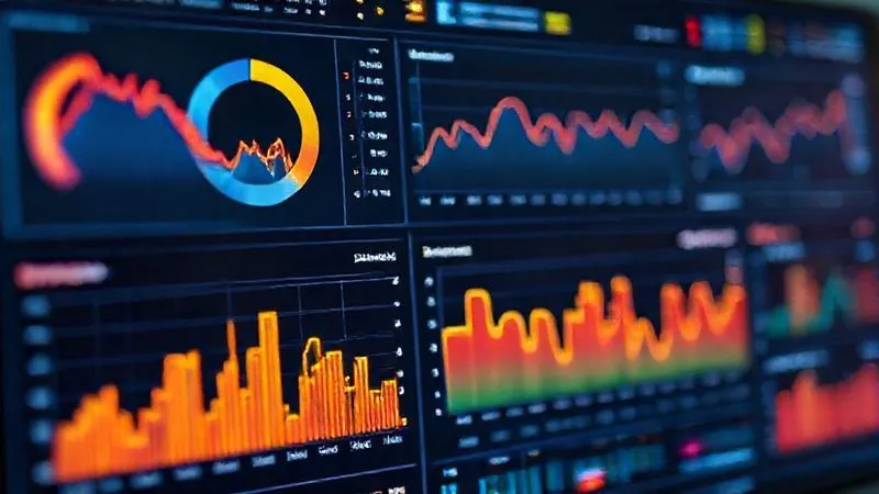 A photorealistic image of a complex data visualization dashboard, displaying various metrics related to online learning engagement: heatmaps of user activity, bar charts of completion rates, and line graphs of interaction frequency. The aesthetic is clean, modern, and data-driven, with subtle glowing elements. Cinematic lighting, sharp focus on the data, depth of field, 8K hyper-detailed, professional photography, shot on a high-end DSLR.