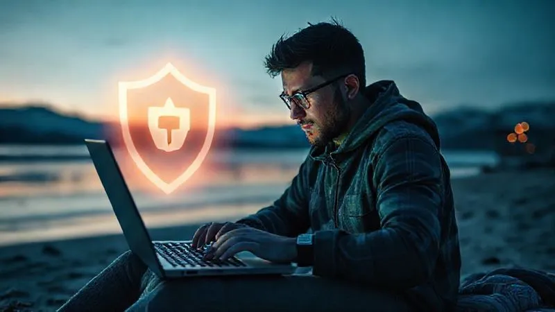 A photorealistic image of a digital nomad working diligently on a laptop in a serene, remote setting (e.g., a quiet beach, a mountain cabin), with a subtle, glowing shield icon overlaid on the screen, symbolizing digital security and academic integrity. The lighting is soft and natural, emphasizing focus and trustworthiness. Cinematic lighting, sharp focus on the nomad and the laptop, depth of field, 8K hyper-detailed, professional photography, shot on a high-end DSLR.