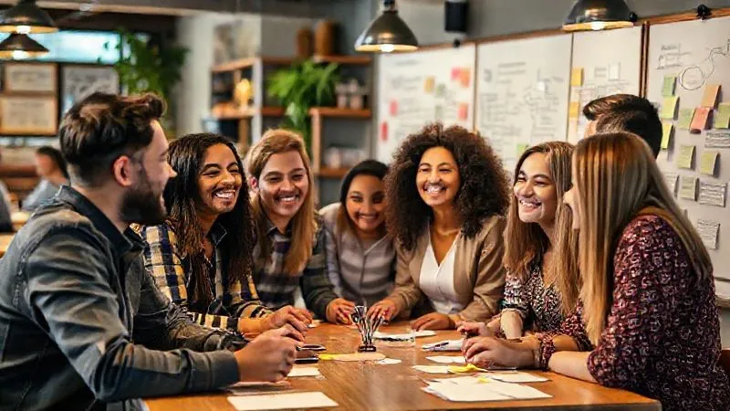 A photorealistic image of a diverse group of digital nomads in a vibrant, co-working cafe setting, engaged in a collaborative brainstorming session. They are smiling and interacting, surrounded by whiteboards with ideas and sticky notes. The atmosphere is energetic and supportive, emphasizing community and shared learning. Cinematic lighting, sharp focus on the group, depth of field, 8K hyper-detailed, professional photography, shot on a high-end DSLR.