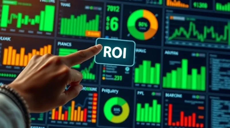 A photorealistic image of a complex digital dashboard with various financial metrics and KPIs, some in green showing positive trends, others in amber indicating areas for improvement. A hand points to a specific metric 'ROI', with data visualization showing both monetary and non-monetary gains. Cinematic lighting, sharp focus on the dashboard, 8K hyper-detailed.