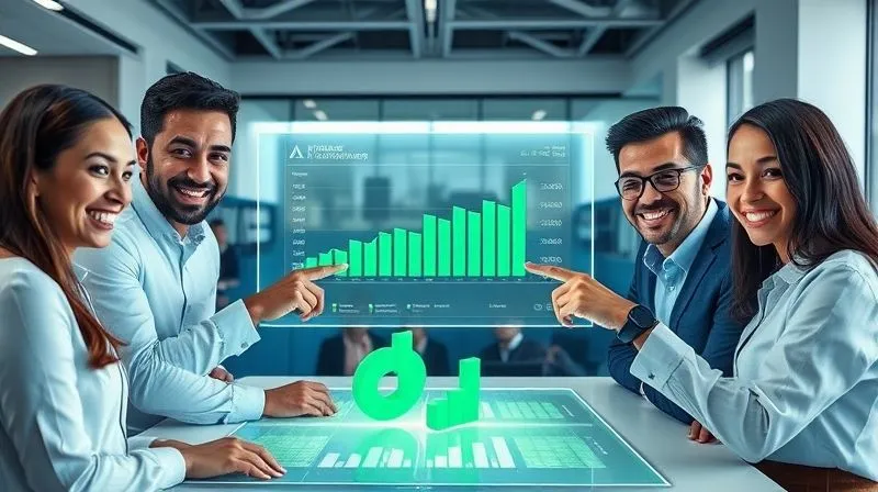 A photorealistic, professional photography image of a diverse team collaborating around a holographic projection of a digital dashboard, smiling and pointing at green upward trends. The scene is set in a modern, brightly lit office, conveying collaboration, success, and data-driven decision making. Cinematic lighting, sharp focus on the team and dashboard, 8K hyper-detailed.