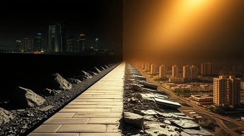 A photorealistic image of a metaphorical path, half clearly paved and illuminated, leading to a successful digital city, and the other half crumbling, dark, and leading to a chaotic, failed project site. A guiding light from above illuminates the correct path. Cinematic lighting, sharp focus on the path, depth of field blurring the background, 8K hyper-detailed, conveying choice and consequence.
