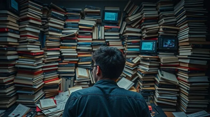 A photorealistic image depicting a person looking confusedly at a vast, disorganized pile of books, digital screens showing unfinished courses, and scattered notes. The scene is dimly lit, emphasizing the feeling of being overwhelmed and lacking direction. Sharp focus on the person's frustrated expression, depth of field blurring the background chaos. 8K hyper-detailed, professional photography, cinematic lighting, shot on a high-end DSLR, conveying the challenge of unmeasured learning.