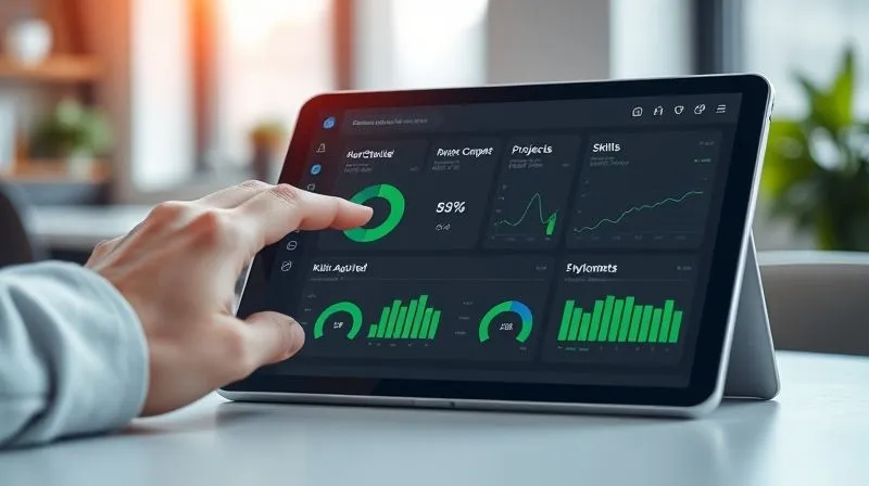 A photorealistic image of a sleek, minimalist digital dashboard on a tablet screen, displaying various metrics like 'Hours Studied', 'Projects Completed', and 'Skills Acquired' with green progress bars and positive trend lines. A hand is interacting with the screen, making adjustments. The background is a modern, inspiring workspace with soft, natural light. Sharp focus on the tablet, depth of field blurring the background. 8K hyper-detailed, professional photography, cinematic lighting, shot on a high-end DSLR, conveying organized tracking and progress visualization.