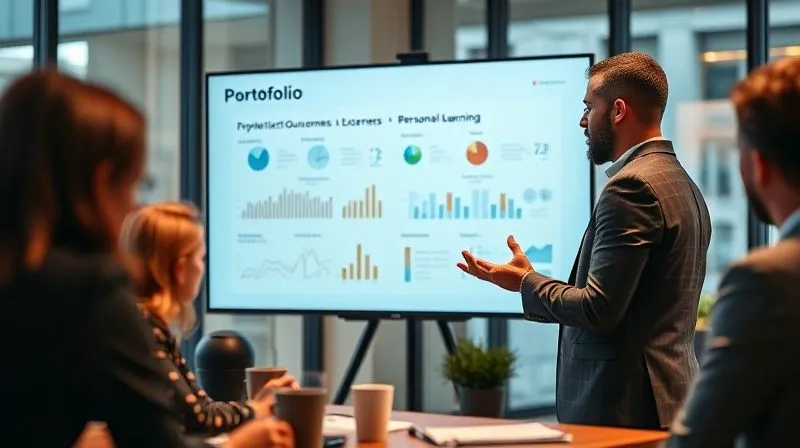 A photorealistic image of a professional presenting a portfolio on a large screen in a modern office setting. The portfolio clearly displays project outcomes, charts, and key metrics of personal learning achievements. The presenter is confident and engaging, with a small group of attentive colleagues or interviewers observing. Warm, cinematic lighting, sharp focus on the presentation and presenter, depth of field blurring the background. 8K hyper-detailed, professional photography, shot on a high-end DSLR, conveying successful career leverage through demonstrated learning.