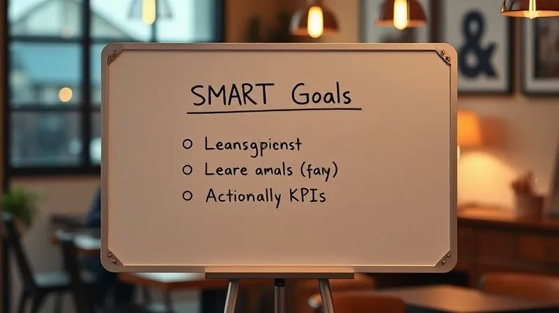 A photorealistic image of a minimalist whiteboard with three clear, concise bullet points representing SMART goals and actionable KPIs, set against a blurred background of a digital nomad working on a laptop in a cozy cafe, cinematic lighting, sharp focus on the whiteboard, 8K hyper-detailed.