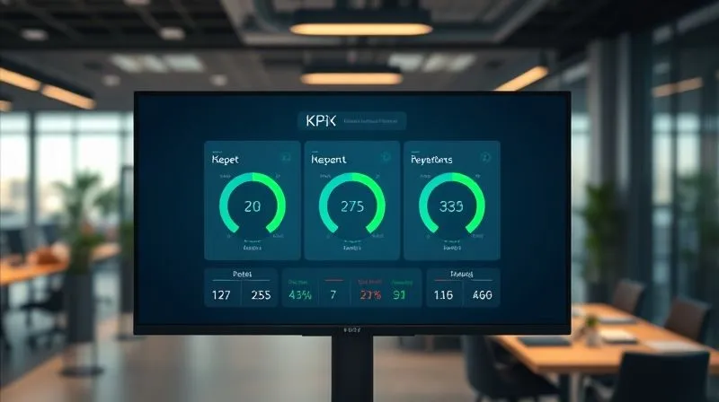 A photorealistic image of a sleek, minimalist digital dashboard displaying three prominent KPIs with green indicators, suggesting positive performance. The dashboard is on a large monitor, with a blurred background of a modern co-working space, cinematic lighting, sharp focus on the dashboard, 8K hyper-detailed.