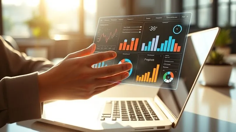 A photorealistic image of a person's hands interacting with a holographic, interactive data visualization dashboard floating above a laptop, showcasing dynamic KPIs and project progress. The setting is a modern, sunlit co-working space, cinematic lighting, sharp focus on the holographic display, 8K hyper-detailed.