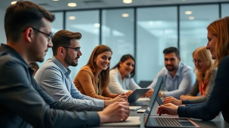 A photorealistic image of a diverse group of professionals engaged in a dynamic online workshop, with various data points and metrics subtly overlaid, representing engagement and learning. Cinematic lighting, sharp focus, 8K, DSLR.