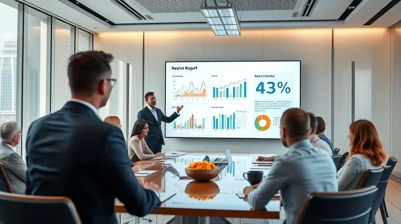 A photorealistic image of a business executive presenting a clear and visually appealing report on a large screen to a diverse group of stakeholders in a modern boardroom. The report shows positive ROI metrics. Cinematic lighting, sharp focus, 8K, DSLR.