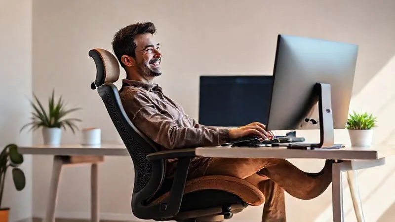 A person sitting comfortably in an ergonomic office chair in a minimalist, well-lit remote workspace, smiling while looking at their computer screen, conveying a sense of productivity and well-being. The background shows a clean desk with a plant and a cup of coffee. Photorealistic, professional photography, 8K, cinematic lighting, sharp focus, depth of field.