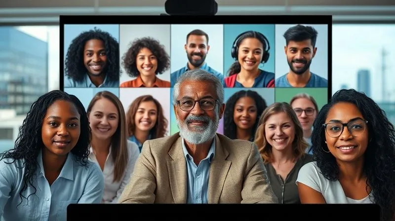 A photorealistic image of a diverse group of people from different global locations (subtly indicated by background elements like a distant cityscape or natural landmark), participating in a high-quality video conference call, with one central figure (the mentor) clearly guiding the discussion. The scene should convey connection, learning, and professional interaction, with cinematic lighting and sharp focus on the faces, depth of field blurring the individual backgrounds slightly. 8K hyper-detailed, professional photography, shot on a high-end DSLR.