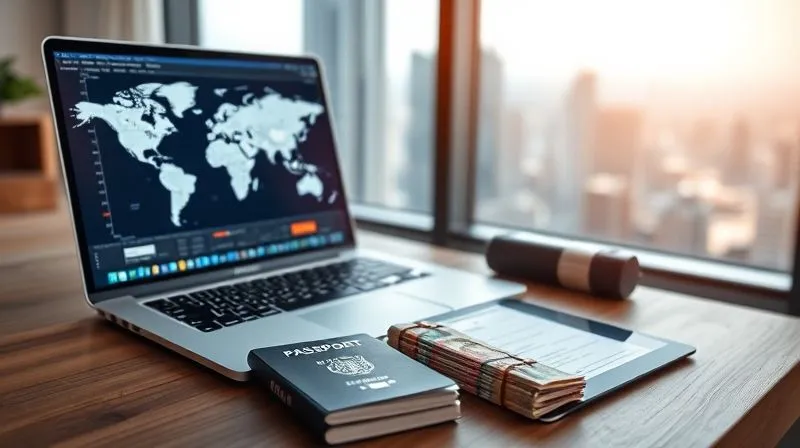A photorealistic image depicting a sleek, modern workstation with a laptop displaying financial charts and a world map. A passport, a minimalist wallet with multiple currencies, and a digital tablet showing legal documents are arranged neatly on a wooden desk. The background is a blurred, sunlit window overlooking a bustling city, symbolizing global finance and remote work. Cinematic lighting, sharp focus, depth of field, 8K hyper-detailed, professional photography, shot on a high-end DSLR.
