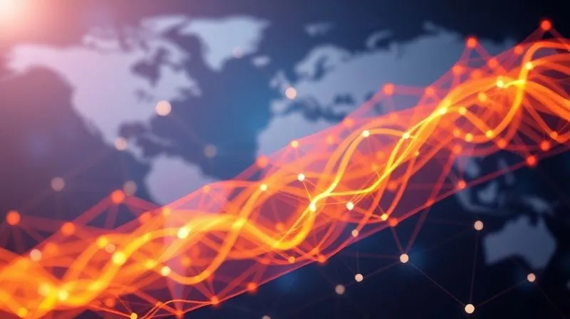 A photorealistic image of a vibrant, abstract flowing data visualization, possibly in the form of a dynamic network or a growth curve, overlaid on a subtle background of global connections. The visualization should be intricate, showing patterns of progress and optimization. Cinematic lighting, sharp focus on the data, depth of field blurring the background, 8K hyper-detailed, professional photography, shot on a high-end DSLR.