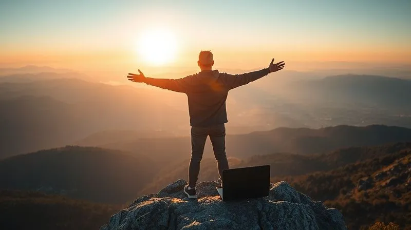A photorealistic and inspiring image of a person standing on a mountain peak, arms outstretched, facing a breathtaking panoramic view of a valley below with a laptop beside them. The sun is rising, casting warm, golden light across the landscape. The scene should evoke a sense of freedom, achievement, and limitless possibilities. Cinematic lighting, sharp focus on the person and the vast landscape, depth of field creating a majestic atmosphere, 8K hyper-detailed, professional photography, shot on a high-end DSLR.