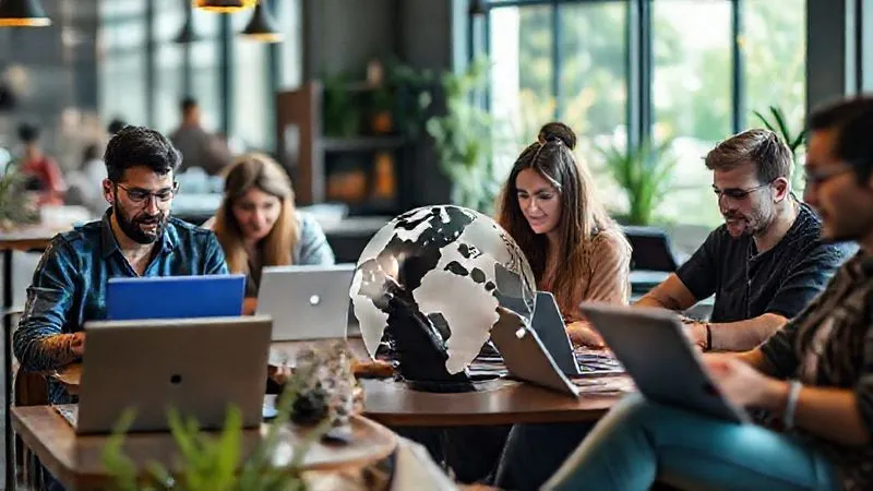 A photorealistic image of a diverse group of digital nomads, some working on laptops in a coworking space, others in cafes or outdoor settings, all looking engaged and connected, with a globe icon subtly integrated into the background. Professional photography, 8K, cinematic lighting, sharp focus on the individuals, depth of field, shot on a high-end DSLR.