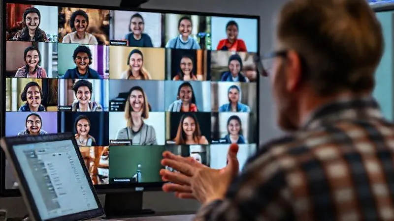 A photorealistic image of a vibrant online workshop session in progress, with multiple diverse participants visible in a video conference grid, some smiling and actively engaging, while the instructor gestures enthusiastically. The screen shows interactive elements like polls or chat. Professional photography, 8K, cinematic lighting, sharp focus on the engaging faces, depth of field, shot on a high-end DSLR.