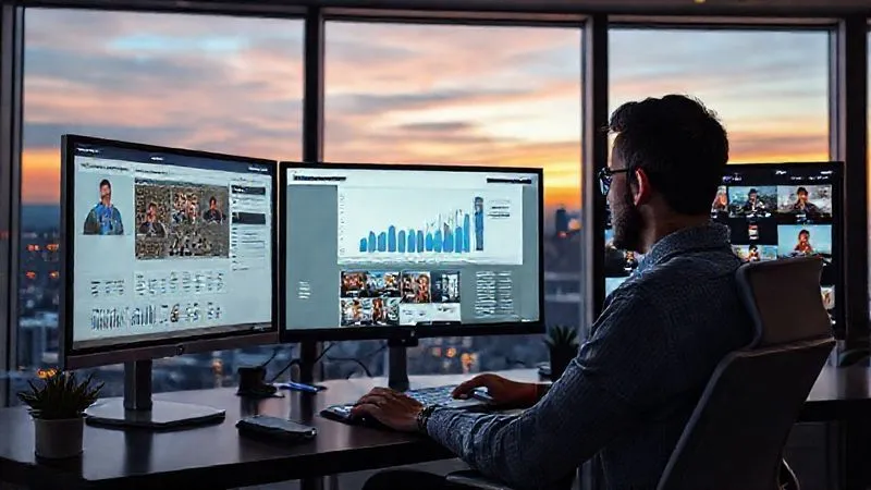 A photorealistic image of a digital nomad working on multiple screens, one showing a live online workshop, another showing sales analytics, and a third displaying a library of online courses, all in a modern, minimalist workspace overlooking a city skyline at dusk. Professional photography, 8K, cinematic lighting, sharp focus on the screens and the focused individual, depth of field, shot on a high-end DSLR.