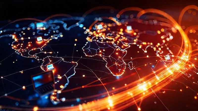 Photorealistic, professional photography, 8K, cinematic lighting, sharp focus, depth of field, shot on a high-end DSLR. A vibrant, glowing digital network overlaying a world map, with small icons representing laptops and passports, symbolizing global connections and digital reach. The light trails converge towards a central point, illustrating lead generation.