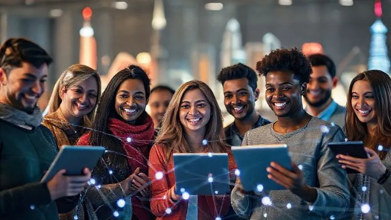 Photorealistic, professional photography, 8K, cinematic lighting, sharp focus, depth of field, shot on a high-end DSLR. A diverse group of people from different cultures and ages, each holding a laptop or tablet, connected by glowing digital lines forming a cohesive network. They are smiling and interacting virtually, with a blurred backdrop of iconic global landmarks, symbolizing remote connection and community.