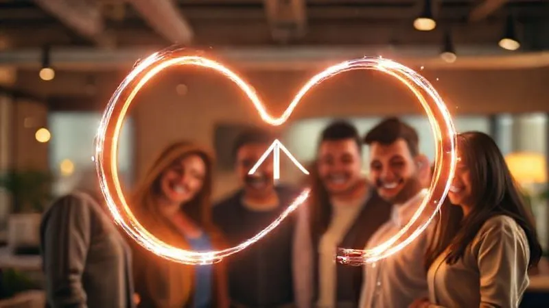 Photorealistic, professional photography, 8K, cinematic lighting, sharp focus, depth of field, shot on a high-end DSLR. A stylized, glowing infinity loop symbol made of digital light trails, encircling a diverse group of happy people (representing customers) interacting with a central, abstract icon of growth. The background is a softly blurred, warm-toned co-working space, emphasizing continuous relationship and loyalty.