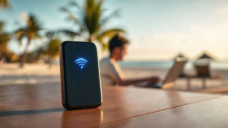 Photorealistic, professional photography, 8K, cinematic lighting, sharp focus, depth of field, shot on a high-end DSLR. A minimalist, sleek portable Wi-Fi hotspot device, glowing with a stable blue light, positioned on a wooden table. In the blurred background, a person is working on a laptop with a serene beach and palm trees, symbolizing reliable connectivity in remote locations.