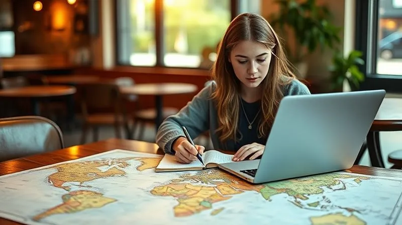 A photorealistic image of a digital nomad, a young woman with a laptop open, looking thoughtfully at a world map spread on a table. She has a notebook and pen, diligently calculating figures. The setting is a cozy cafe in a foreign city, with warm natural light. Sharp focus on her and the map/notebook, depth of field blurring the cafe background. Professional photography, 8K, shot on a high-end DSLR, cinematic lighting. The image should convey planning and foresight.