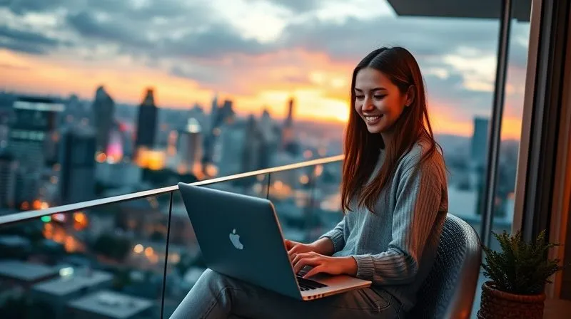 A photorealistic image of a digital nomad, a young woman, sitting comfortably on a balcony overlooking a vibrant cityscape at sunset. She is happily working on her laptop, with a subtle glow around her screen indicating productivity. There are subtle, abstract financial symbols (like rising graphs or coin stacks) integrated into the background, hinting at financial growth and stability. Cinematic lighting, sharp focus on the woman and her laptop, depth of field blurring the city. Professional photography, 8K, shot on a high-end DSLR. The image should convey a sense of financial empowerment and freedom.