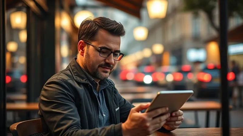 A photorealistic image of a digital nomad, a man in his late 30s, calmly reviewing insurance documents on a tablet while sitting at an outdoor cafe in a bustling European city. He looks confident and prepared, with a relaxed expression. The city lights are softly blurred in the background, creating a sense of being in control amidst a dynamic environment. Cinematic lighting, sharp focus on the man and his tablet, depth of field blurring the background. Professional photography, 8K, shot on a high-end DSLR. The image should convey preparedness and peace of mind.