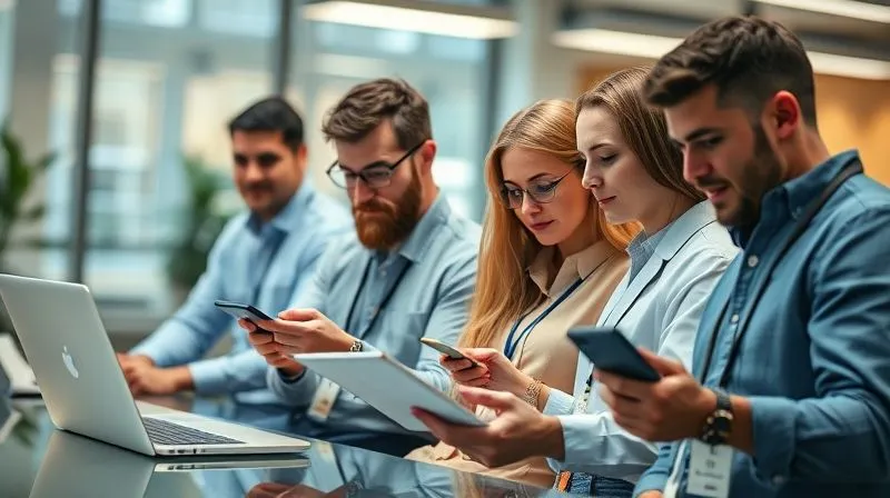 A photorealistic image showing a diverse group of employees from different departments (e.g., a manager in an office, a field technician, a remote worker) simultaneously engaging with a digital learning platform on various devices (laptop, tablet, smartphone). The image should convey accessibility and broad reach. Cinematic lighting, sharp focus on the individuals, depth of field blurring a modern, dynamic office background. 8K hyper-detailed, professional photography, shot on a high-end DSLR.