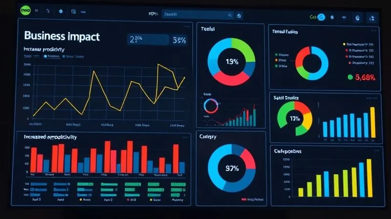 A photorealistic, professional photography image of a business dashboard displaying various KPIs related to e-learning and business impact. The dashboard should feature clear, aesthetically pleasing charts and graphs (e.g., a line graph showing increased productivity, a bar chart for skill acquisition, a pie chart for course completion rates). The overall tone should be analytical and data-driven, with cinematic lighting and sharp focus on the detailed metrics. 8K hyper-detailed, shot on a high-end DSLR.