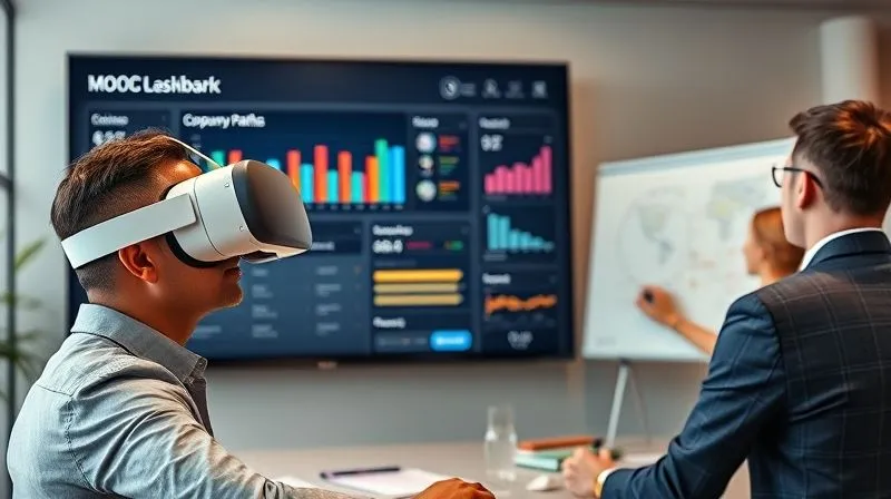 A photorealistic image depicting a seamless integration of digital learning into a corporate environment. On a large monitor, a customized MOOC dashboard is displayed, showing company branding and personalized learning paths. In the foreground, a professional is using a VR headset for an immersive learning experience, while another is collaborating with colleagues using an interactive whiteboard. The scene should convey advanced technology and smooth workflow. Cinematic lighting, sharp focus, depth of field. 8K hyper-detailed, professional photography, shot on a high-end DSLR.