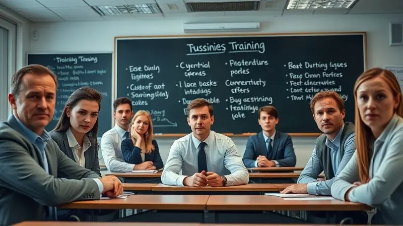 A photorealistic image of a frustrated business team in a sterile, traditional classroom setting, looking disengaged, with a blackboard showing generic, uninspiring training topics. Cinematic lighting emphasizes their boredom and the outdated environment, 8K hyper-detailed, sharp focus on their expressions, depth of field blurring the background. Shot on a high-end DSLR.