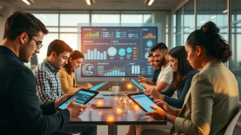 A photorealistic image of a diverse group of employees in a modern, collaborative office space, each focused on a tablet or laptop displaying different MOOC interfaces, but all connected by glowing lines to a central dashboard showing their collective progress. Cinematic lighting, 8K hyper-detailed, sharp focus, depth of field. Shot on a high-end DSLR.