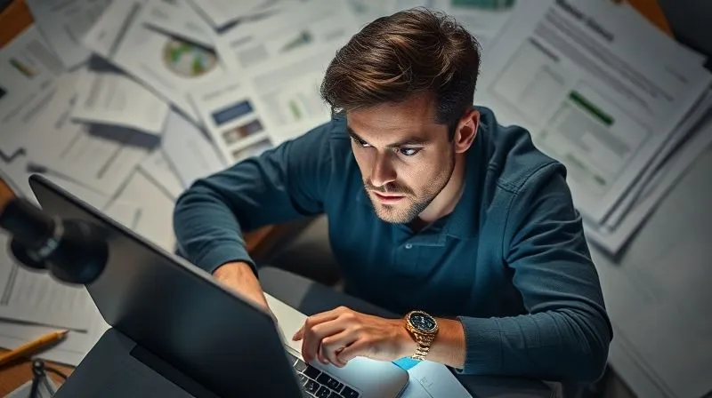 A photorealistic image of a person meticulously researching on a laptop, surrounded by scattered notes and market reports, with a focused and determined expression, cinematic lighting, 8K, sharp focus, depth of field.