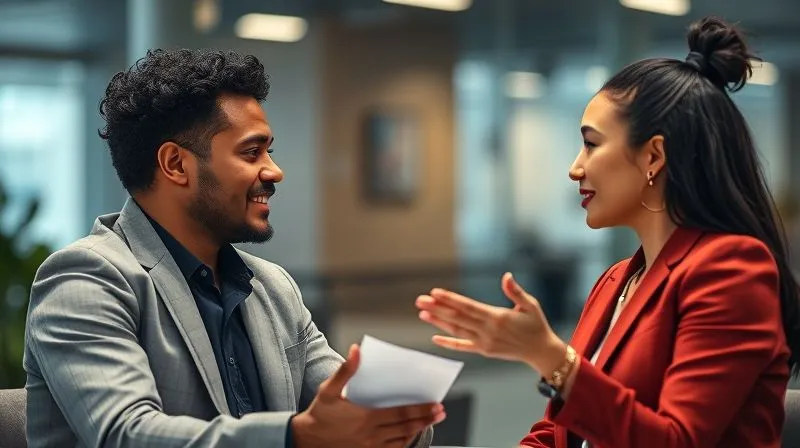 A photorealistic image of two diverse professionals, one a digital nomad, engaged in a confident and respectful virtual negotiation, with clear eye contact and positive body language, cinematic lighting, 8K, sharp focus, depth of field.