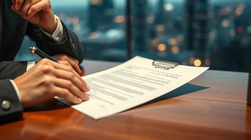 A photorealistic image of a person thoughtfully considering an offer letter on a table, a pen in hand, with a backdrop of a blurred cityscape, conveying a moment of decision and strategic thinking, cinematic lighting, 8K, sharp focus, depth of field.