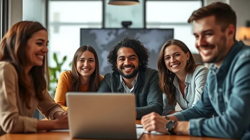 A photorealistic image of a digital nomad having a successful virtual meeting with a team, all smiling and engaged, showcasing strong remote collaboration and trust, cinematic lighting, 8K, sharp focus, depth of field.