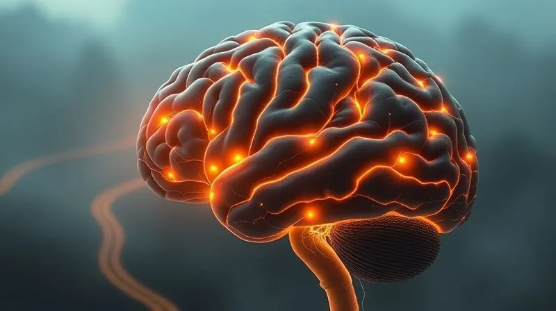 A photorealistic image of a human brain with glowing neural pathways, visualizing multiple diverging roads in a foggy landscape, symbolizing scenario planning and contrafactual thinking. Cinematic lighting, sharp focus on the intricate brain details, depth of field blurring the background. 8K hyper-detailed, shot on a high-end DSLR, professional photography.