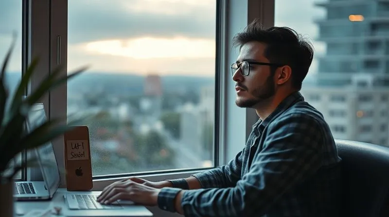 A photorealistic image of a digital nomad sitting by a window, looking tired and overwhelmed, surrounded by glowing screens and to-do lists, but with a subtle ray of hope or a distant, calm landscape visible outside. Cinematic lighting, sharp focus on the nomad's expression, depth of field blurring the busy foreground. 8K hyper-detailed, professional photography, shot on a high-end DSLR.