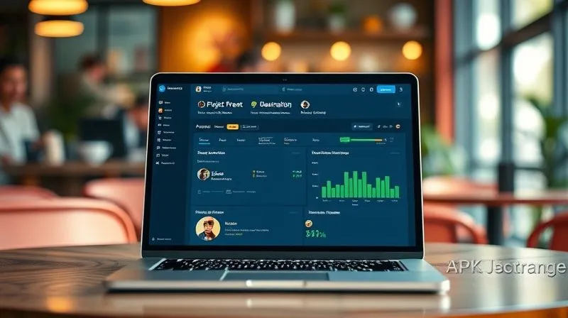 A photorealistic image of a visually appealing and organized digital dashboard on a laptop screen, showing project management software with automated tasks and clear progress bars. The background is a blurred, vibrant cafe setting. Cinematic lighting, sharp focus on the screen, depth of field blurring the cafe. 8K hyper-detailed, professional photography, shot on a high-end DSLR.