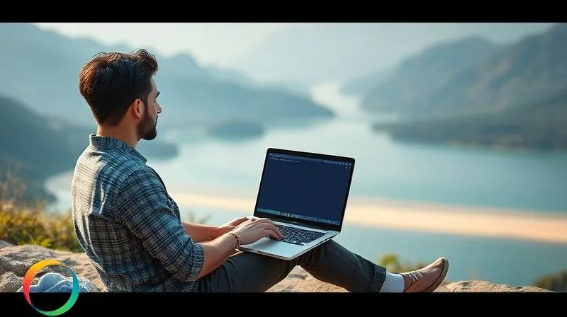 A photorealistic image of a digital nomad sitting calmly in a beautiful, natural setting (e.g., a mountain view or a serene beach), looking relaxed and focused on a laptop screen that shows a simplified, clean interface, representing efficient work. The overall mood is peaceful and productive. Cinematic lighting, sharp focus on the nomad and the serene environment, depth of field blurring the distant background. 8K hyper-detailed, professional photography, shot on a high-end DSLR.