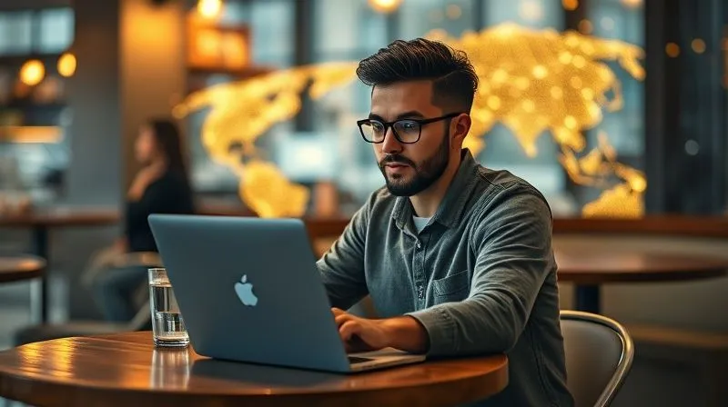 A photorealistic image of a digital nomad sitting at a cafe table with a laptop, but instead of typical cafe background, there's a subtle, glowing network of interconnected lines and dots emanating from their laptop and extending globally, symbolizing digital connections. Cinematic lighting, sharp focus on the nomad's thoughtful expression, depth of field blurring the cafe details. 8K hyper-detailed.