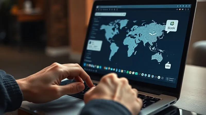 A photorealistic image of a person's hands typing on a laptop keyboard, with multiple open browser tabs showing different professional networking platforms (LinkedIn, Slack, a specialized forum), and a world map subtly overlaid on the screen. Cinematic lighting, sharp focus on the hands and screen, depth of field blurring the background. 8K hyper-detailed.