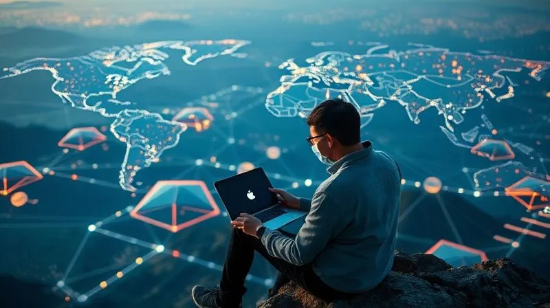 A photorealistic image of a person with a laptop on a mountain peak, overlooking a vast, interconnected digital network represented by glowing lines reaching across continents. The person looks confident and connected. Cinematic lighting, 8K, sharp focus on the person and the network, depth of field blurring distant landscapes. Professional photography, shot on a high-end DSLR.