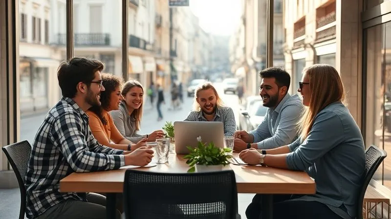 A photorealistic image of a vibrant co-working space with diverse digital nomads interacting, laughing, and collaborating around a large table. Sunlight streams through large windows, illuminating a background of a bustling but charming European city street. Cinematic lighting, 8K, sharp focus on the people and their engaged expressions, depth of field blurring the background. Professional photography, shot on a high-end DSLR.