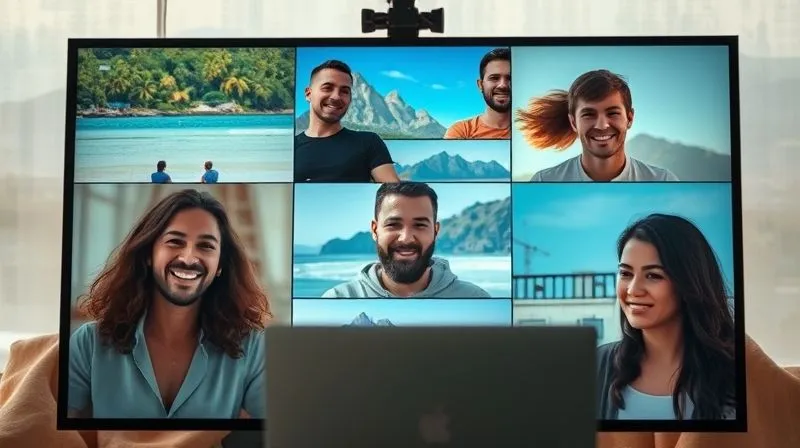 A photorealistic image of a diverse group of digital nomads and professionals collaborating remotely on a video call, each person in a different exotic location (beach, mountain, co-working space). The screen is split into multiple dynamic windows, showing engaged faces. Cinematic lighting, 8K, sharp focus on the faces, depth of field subtly blurring their unique backgrounds. Professional photography, shot on a high-end DSLR.
