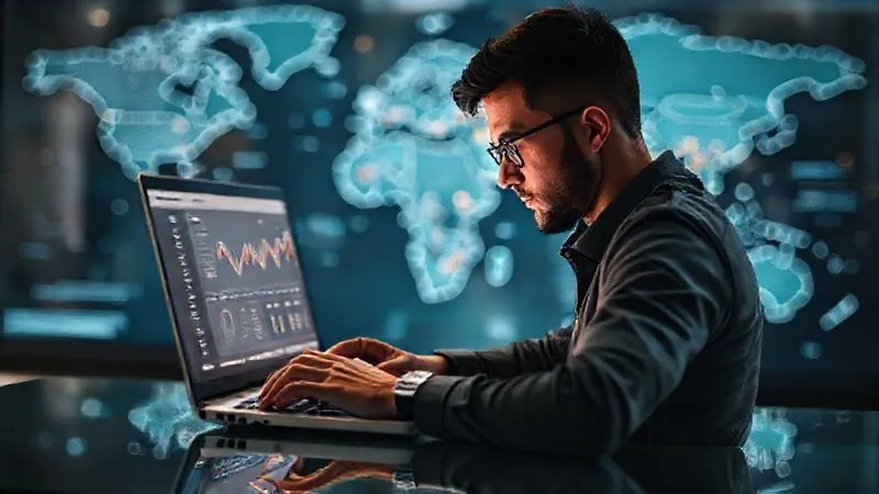 Photorealistic image of a digital nomad freelancer intently researching on a laptop, with a blurred world map in the background, symbolizing global reach and niche identification. Cinematic lighting, 8K, sharp focus on the laptop screen showing market data graphs, highlighting data points for market demand and profitability. Depth of field. Professional photography, shot on a high-end DSLR.