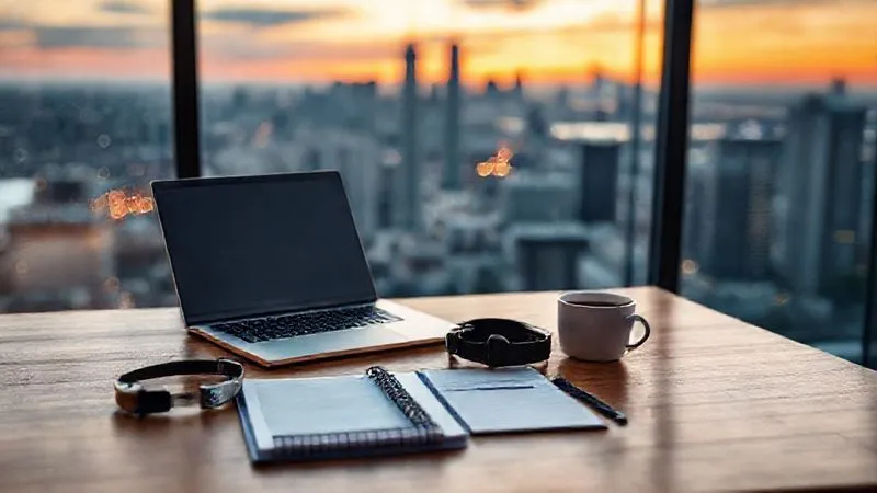 Photorealistic image of a sleek, minimalist digital nomad workspace on a wooden table, with a laptop, an organized planner, a noise-canceling headphone, and a cup of coffee. The background is a blurred, inspiring view of a city skyline at sunset, symbolizing calm productivity and freedom. Emphasize efficiency and focus. Professional photography, 8K, cinematic lighting, sharp focus on the workspace elements. Depth of field, shot on a high-end DSLR.